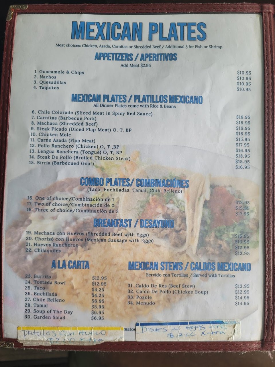 Spanish and English menu sections for Mexican specialties.